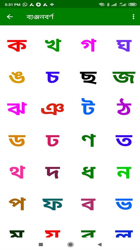 Bengali consonants shown as large colorful letters